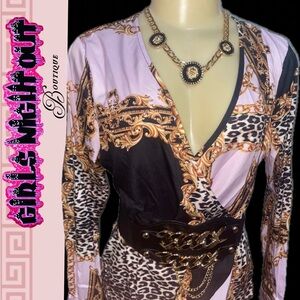 Baroque Print Wrap Top in Pink, Black & Gold